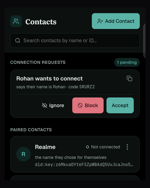 On a phone: Rohan wants to connect, with Ignore, Block and Accept
