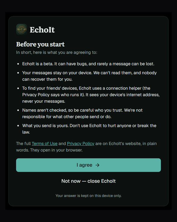 EchoIt's first screen: the short version of the terms, with I agree
